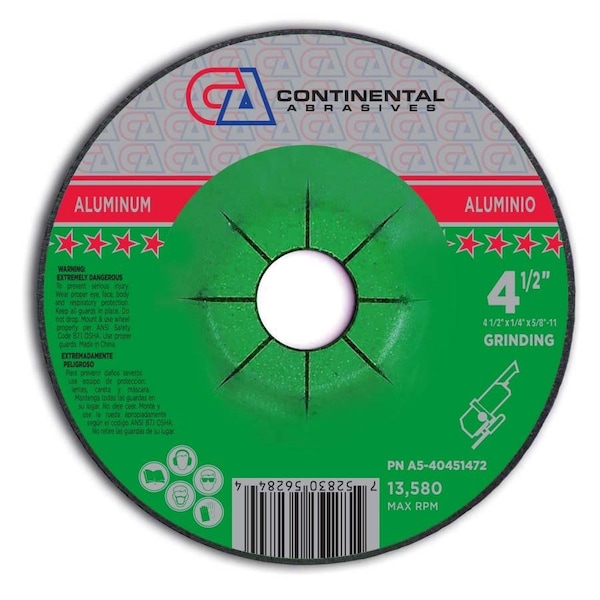 Continental Abrasives 4-1/2" x 1/4" x 5/8-11" Aluminum Solutions T27 Depressed Center Grinding Wheel A5-40451472 - main